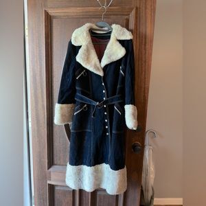 Vintage Crush Black Velvet Faux Fur Double Breasted Heavy Trench Coat